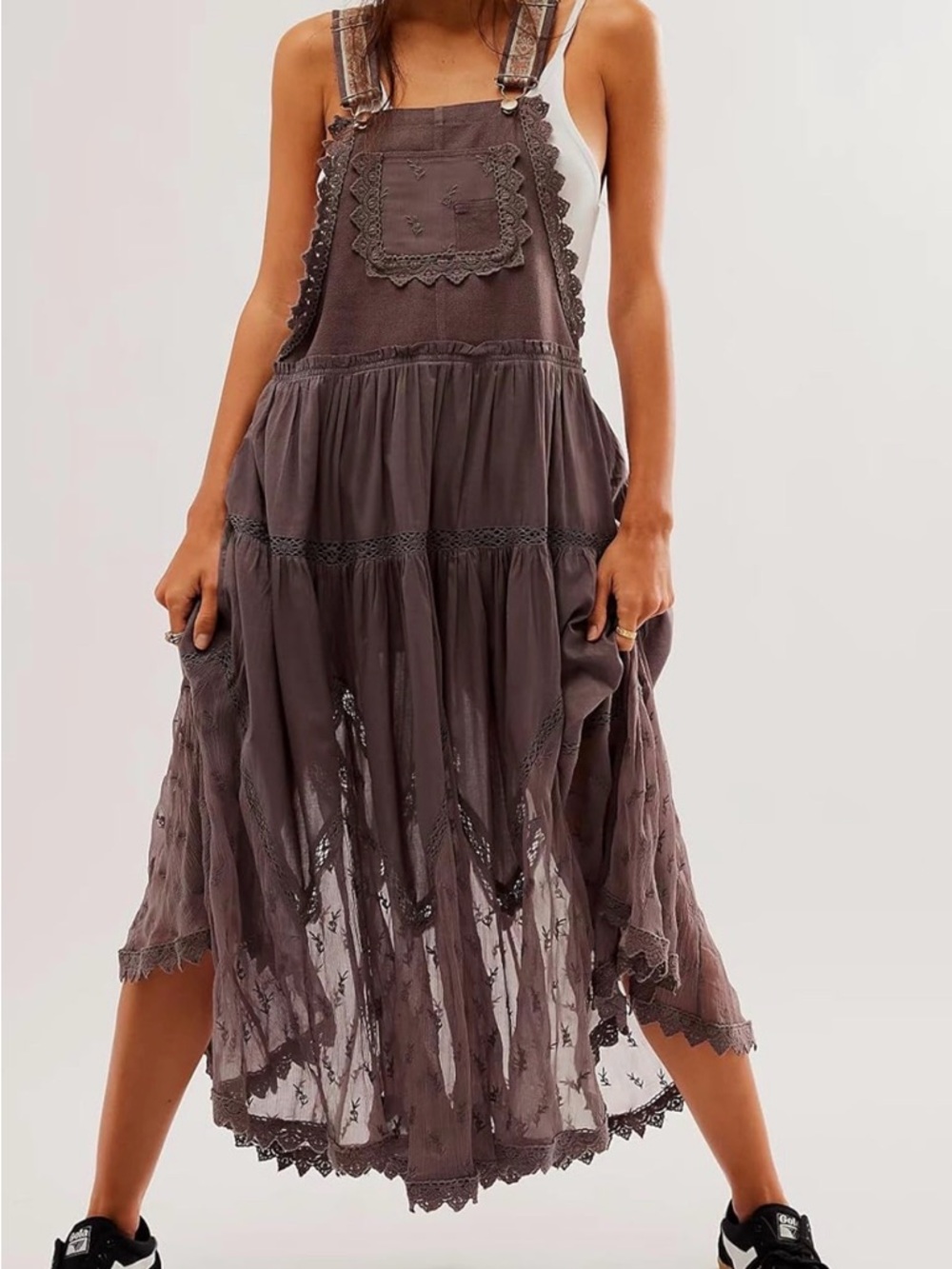 Boho Lace-Trim Tiered Overall Dress in Coffee